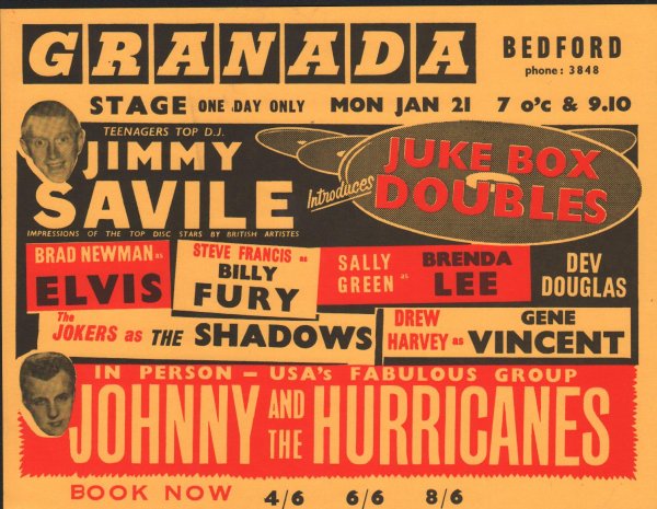 Granada Bedford Poster 21st January 1962- Johnny & Hurricanes + Juke Box Doubles of Brenda Lee, Billy Fury, Elvis, Shadows, Gene Vincent